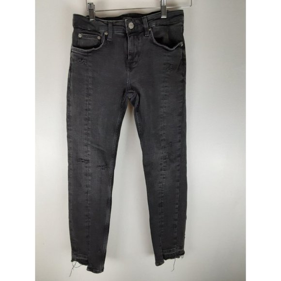 Zara Denim - Zara Woman Black Denim Cropped Skinny Jeans Distressed Step Hem Stretch 4